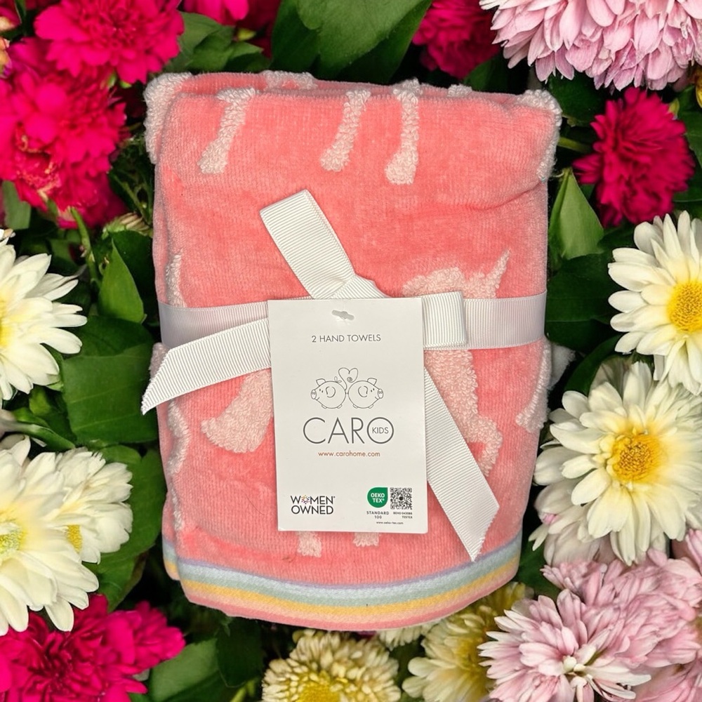 Caro Kids 2 Hand Towels Pink Coral Whimsical Unicorn Jacquard Weave Terry Cloth